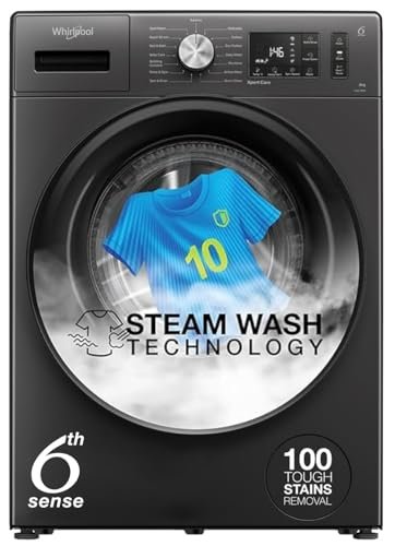 Whirlpool 8 Kg 5 Star Inverter Supreme Care Front Load Fully Automatic Washing Machine with In-Built Heater (XS8014BWME, MidNight Grey, Steam Technology, 100+ Tough Stains, 6th Sense Soft Move)