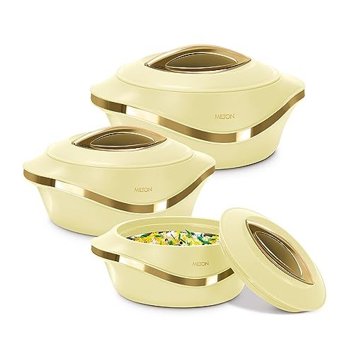 MILTON Pearl Inner Stainless Steel Jr. Casserole Set of 3 (455 ml, 860 ml, 1270 ml), Ivory