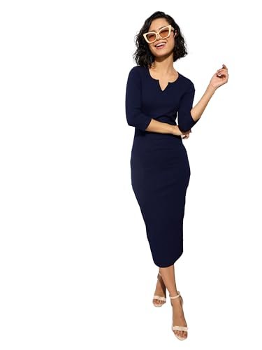 barcino Navy Rib Deep V-Neck Ankle Midi Dress