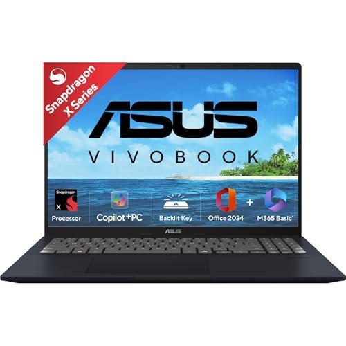 ASUS Vivobook 16, Snapdragon X, 16GB RAM, 512GB SSD, FHD+ 16″, Windows 11, Office Home 2024, Quiet Blue, 1.88kg, X1607QA-MB049WS, Qualcomm Adreno iGPU, 45TOPS, M365 Basic (1Year)* Laptop
