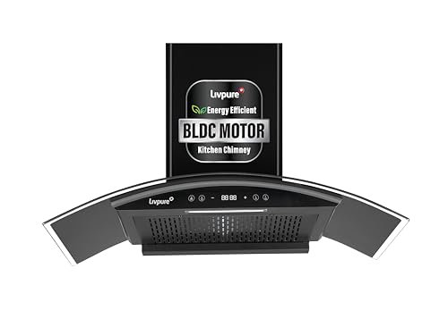 Livpure 90cm 1400m3/hr BLDC Filterless Autoclean Chimney|9 Speed With RPM Display|Oil Collector|Touch & Gesture Control |10 Yrs Warranty on Motor, 2 Yr Comprehensive| LIV-ETERNA-BLDC-90-FL-HAC,Black