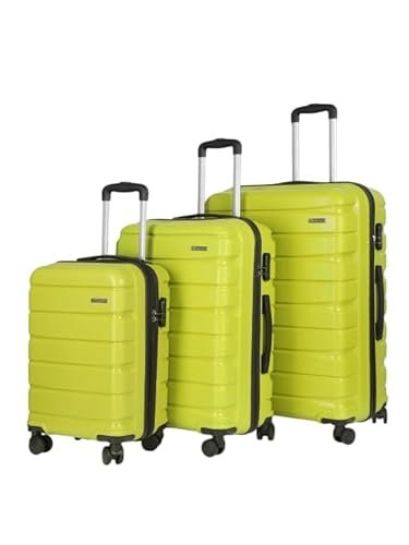 Teakwood Small-Medium-Large 8 Wheels Trolley Bag, Hard Cabin with Zipper Closure, Adjustable Push Button & Cross Side Strap, TSA Lock System 360 Degree (Set of 3, Lime Green)