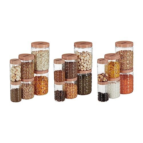 Solimo Checkered Jar Container Set – 18 Pieces (250ml, 500ml, 1000ml) | Air Tight | Kitchen Organiser | BPA Free | Stackable, Plastic, Choco/Brown