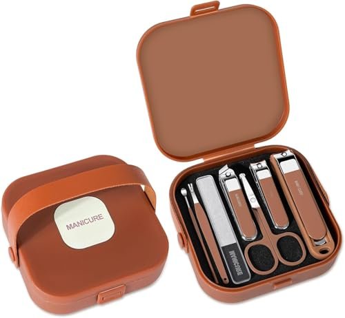 Manicure and Grooming Tool Kit, Plastic and Stainless Steel Tools with Storage Case, Brown, Compact Size