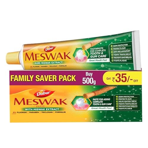Dabur Meswak Complete Oral Care Toothpaste – 500g (2 x 200g + 1 x100g) | Complete Oral & Gum Care Toothpaste | Contains Pure & Rare Miswak extract | No added Fluoride, Paraben, Triclosan & Formalin