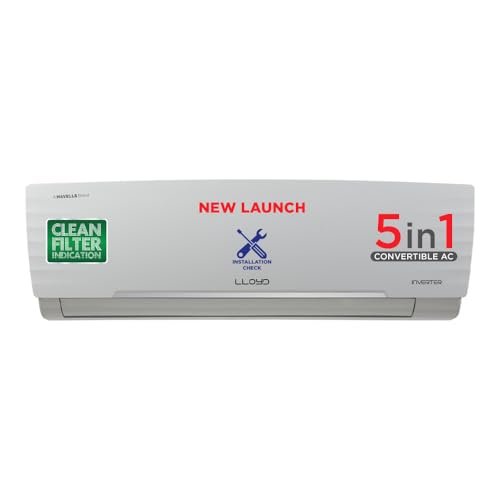 Lloyd 1.5 Ton 5 Star Inverter Split AC (5 in 1 Convertible, Anti Corrosion Coating, Copper, PM 2.5 Filter, White with Chrome Deco Strip, GLS18I5KWGGW)