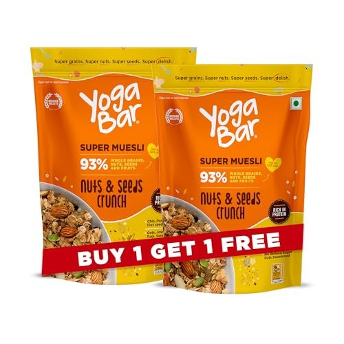 Yogabar Muesli Nuts + Seeds Crunch 700g (Buy 1 Get 1 FREE) with Flax and Chia Seeds, Muesli Nuts Delight Whole Grain, High Protein, High Fibre, No Refined Sugar, Contains Antioxidants, 700g Pack of 2