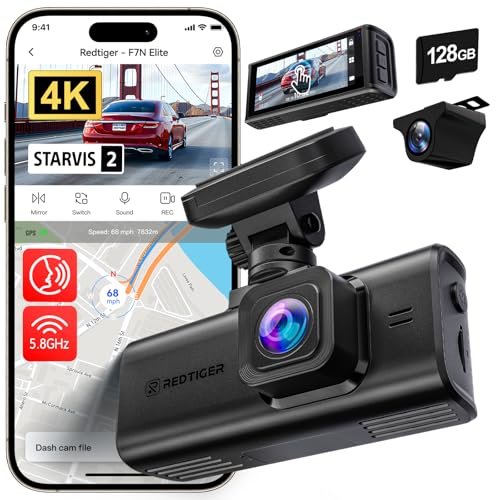 REDTIGER F7N Elite 4K HDR Dual Dash Cam Front & Rear, STARVIS 2 Sensor, 5.8GHz WiFi APP, 128G Card Included, 3.18″ Touchscreen, Voice Control, GPS, 24H Parking Mode, WDR