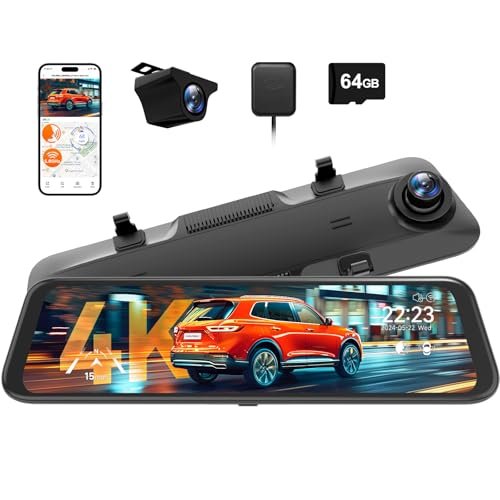 WOLFBOX G850 PRO 4K Rear View Mirror Dash Cam for Car Front and Rear with GPS, ADAS, BSD, 12″ Touchscreen, 5.8GHz WiFi, Voice Control, G-Sensor, Loop Recording, 64GB Card Included