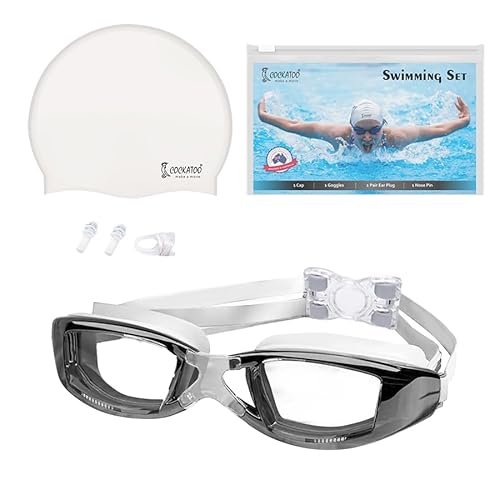Cockatoo SS02-Professional Swimming Set for Adults, Swimming Set with Goggles, Earplugs, Nosepin for Men & Women, White