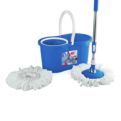 Kleeno by Cello Compacto Floor Cleaning Set, Blue | 360° Flexible Rotation Steel Handle with 2 Microfiber Refills | Durable & User-Friendly Design | Spin Pocha Mop Set with Bucket | Mop with Bucket
