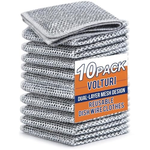 VOLTURI Non Scratch Wire Dish Cloth (Pack of 10), Steel Scrubber for Utensils Cleaning, Multipurpose Wet and Dry Cleaning, Stainless-Steel Dish Wash Scrubber for Washing Dishes, Sinks, Counters