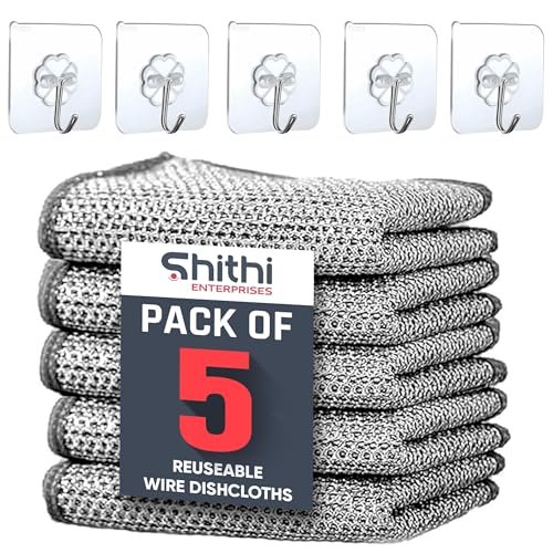 SHITHI ENTERPRISES Multipurpose Wire Dishwashing Cloths for Kitchen | 5 PCS Adhesive Sticky Wall Hooks | Reusable Non Scratch Scrubbers for Washing Dishes & Stove Cleaning (5 Cloths & 5 J Hooks)