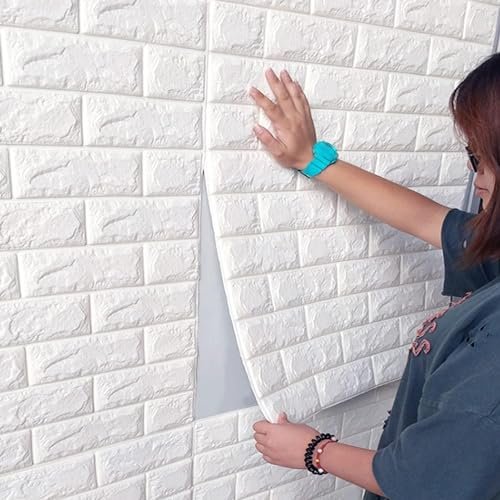 POZET 3D Brick Wallpaper PE Foam self Adhesive Brick Design Wall Stickers/DIY Wallpaper for Home Hotel Living Room Bedroom Cafe Deco (70 x 77 cm) – White