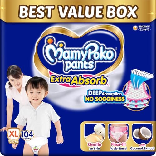 MamyPoko Pants Extra Absorb Baby Diapers, Extra Large (XL size) | 12-17 kg | 104 Count |Deep Sleep Diapers| Soft gentle fit |Deep Absorbent Crisscross | skin friendly with coconut oil | (52 count, Pack of 2)