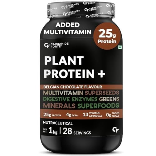 Carbamide Forte Plant Protein Powder For Men – Plant Based Protein Powder with Multivitamin, Minerals, Superfoods, Pea Protein, Digestive Enzymes – Belgian Chocolate Flavour – 1kg
