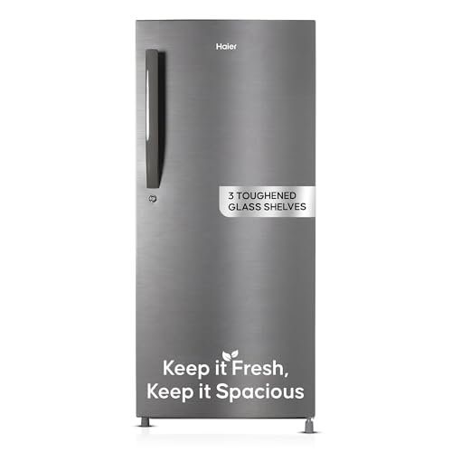 Haier 190L 4 Star Direct Cool Single Door Refrigerator | 3 Toughened Glass Shelves | Fast Ice Making in Just 60 minutes | Large Veg Box| Easy Clean Back (HED-204DS-P, Dazzle Steel)