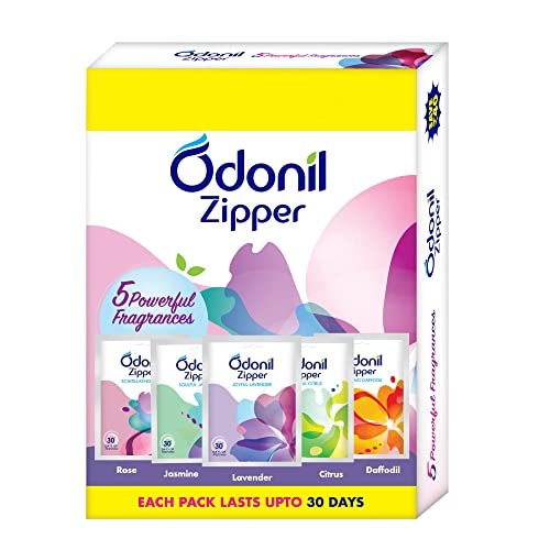 Odonil Bathroom Air Freshener Zipper Mix – 50g (10gx5) | Assorted Pack | Instant & Long Lasting Fragrance | Lasts upto 30 days | Germ Protection | Air Freshener for Bathroom, Toilet, Home & Office