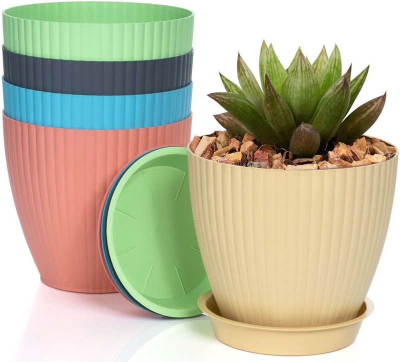 BELLERBIRD Multicolor 6 inch flower pot for home outdoor & indoor, Planters with and tray Plant Container Set(Pack of 5, Plastic)