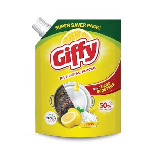 Giffy Liquid Dishwash Gel 2 Litre | Lemon and Active Salt | 50% More Effective | Tough Grease Removal Expert | Turbo Boosters | Mild fragrance | Removes Tough Malodour | Hand-Safe