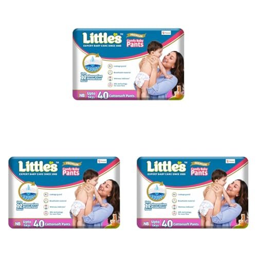 Little’s New Born Baby Diaper Pants Style (NB) | Upto 5 kg | 40 Count – Pack of 3 | CottonSoft Baby Diapers with Leakage Guard, Wetness Indicator & 12 Hours Absorption