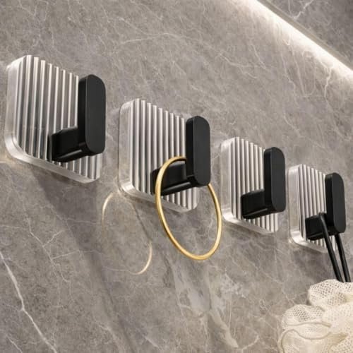 ONISWELL Self Adhesive Wall Hook for Bathroom and Kitchen, Transparent Square Base with Metal Hook, No Drill Wall Mounted Hanging Hook (Stylish, 4) (Black)