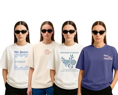 STYLENSE Cotton Blend Oversized Baggy Fit Half Sleeve Printed Round Neck Multicolor Drop Shoulder T-Shirt for Womens & Girls (Pack of 4)(PO4_OSW_MGL_NCL_FDT_FTR_S)