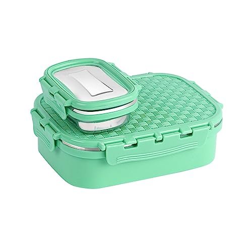 CELLO Matrix Medium Lunch Box, Green | Stainless Steel Lunch Box with Inner Separate Veg Box | Leak Proof and Break Resistant | Tiffin for Adults with Snap Lock | Ideal for Office, School, College