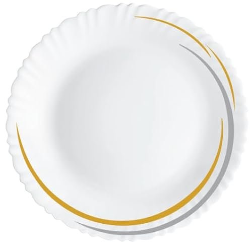 Cello Opalware Dazzle Series Golden Arc Dinner Set, 18 Units | Opal Glass Dinner Set for 6 | Light-Weight, Daily Use Crockery Set for Dining | White Plate and Bowl Set