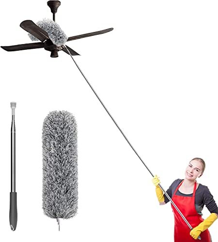 Hallstatt 2025 Upgraded Long Handle Microfiber Feather Fan Ceiling Duster for Dust Cleaning with extendable Pole 100 Inch with Anti Scratch Bendable Brush for Cleaning High roof Cobweb Stick | Grey