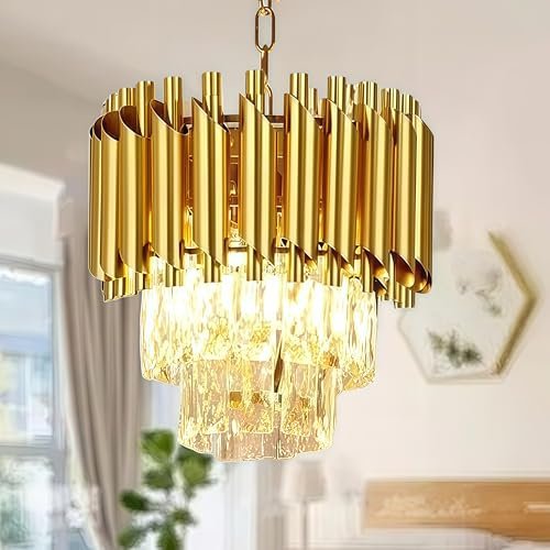 Desidiya 300mm Golden Modern Crystal Pendant Light Golden Round Ceiling Light Fixture for Living Room and (Antique, 300mm) and 3 Colors Led Plate Included Warm White, Natural Light, White Light