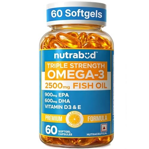 Nutrabud Omega 3 Fish Oil Capsules Triple Strength Supplement 2500mg – 900mg EPA 600mg DHA/serving – With Vitamin D & E – Lemon Flavour (60 Count (Pack of 1), Lemon)
