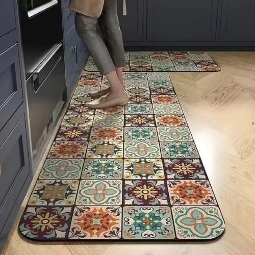Kitchen Floor Mat with Non-Slip Rubber Backing and Absorbent Layer, Rectangular Design for Kitchen, Entrance and Doorway Use (Brown Rajwadi)