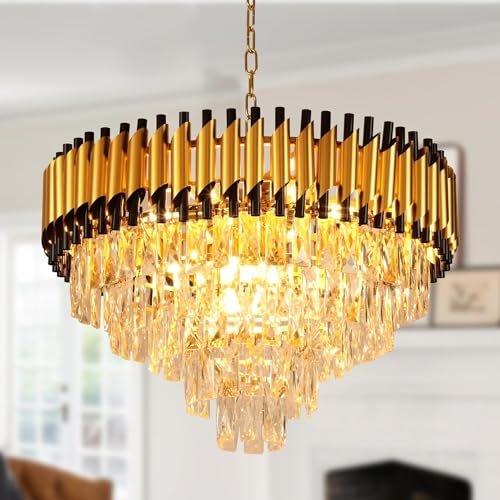 ADWAIT Modern K9 Crystal Chandeliers Gold -5Tier Round Crystal Chandelier for Living Room Colors.Warm White, Moon Light,Golden,Led Plate Included. (Round Gold Black, 600MM)