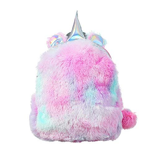 House of Queens Cute Plush Furry Furr Unicorn Backpack,Soft Rainbow Backbag Sweet Girls Daughter Gifts,Lightweight Travel School Mini Backpack for Women,Pink