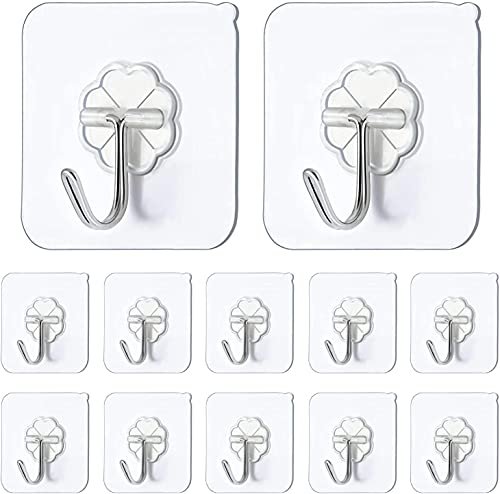 Chillyfit Adhesive Hook 10 Pack,Hooks for Hanging Strong, Heavy Duty Sticky Hooks for Hanging, Transparent Reusable Waterproof Adhesive Hooks, Stick-on Hook for Hangers