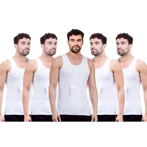 Amul Comfy Men’s Cotton White Interlock-Fabric Sleeveless Vest with Pocket Pack of 5.