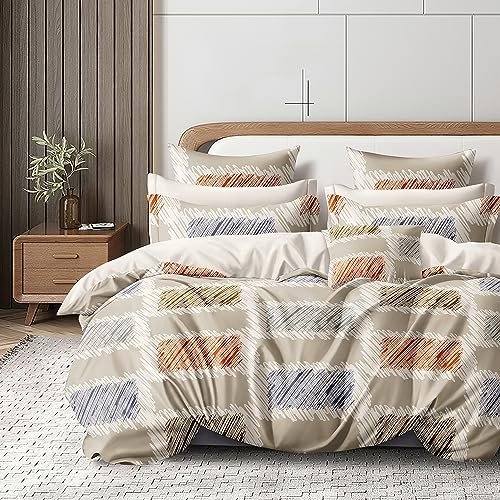 Cortina 140 TC 100% Microfiber Printed Double Bedsheet Set with Two Pillow Case | Queen Sheet Set|Breathable and Skin Friendly| (90×100 Inches, Striped – Beige)
