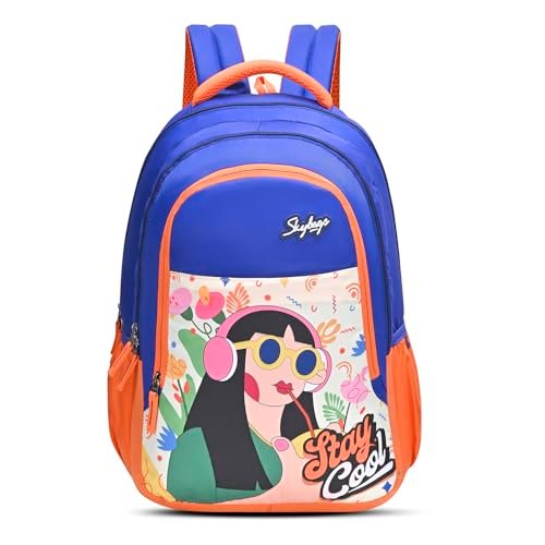 Skybags Blossom Blue Orange 36L School Bag for Girls, Backpack for Kids & Women with 3 Compartments, Bottle Holders & Air Mesh Back | Trendy Backpack for School