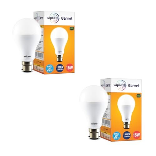 wipro Garnet 15W LED Bulb for Home & Office |Cool Day White (6500K) | B22 Base|220 degree Light coverage |4Kv Surge Protection |400V High Voltage Protection |Energy Efficient | Pack of 2