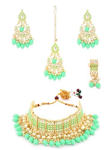 ZAVERI PEARLS Green Stones & Beads Ethnic Choker Necklace Earring Maangtikka & Ring Set For Women-ZPFK12733