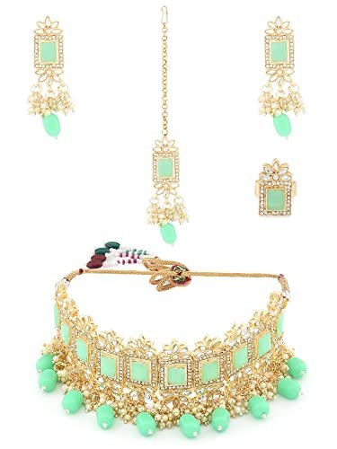 ZAVERI PEARLS Green Stones & Beads Ethnic Choker Necklace Earring Maangtikka & Ring Set For Women-ZPFK12235
