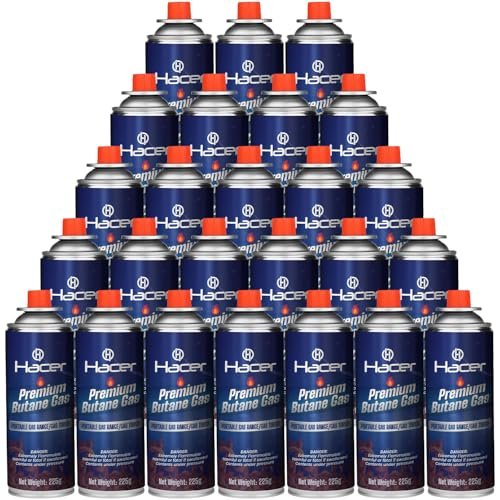 Hacer 25 x 225g Pure Butane Gas Cartridges for Camping Stove, Portable High Pressure Refill Fuel for Welding Torch, Fogging Machine & Lighters, Non-Freeze Canisters Pack of 25
