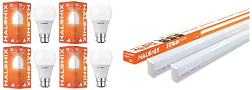 Halonix 20W Led batten tubelight (Pack of 2, cool day white) B22 10-Watt Led ASTRON Plus (Pack of 4, White, Round)