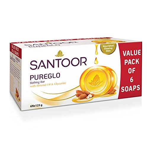 Santoor PureGlo Glycerine Soap with Almond Oil and Glycerine, 125g (Pack of 6) for Nourished Glowing Skin