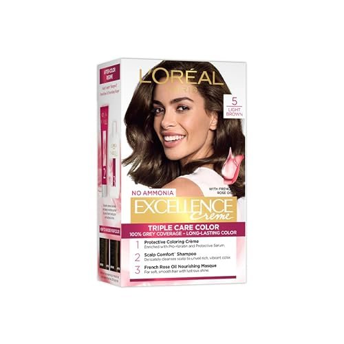 L’Oréal Paris Permanent Hair Colour, Radiant At-Home Hair Colour with up to 100% Grey Coverage, Pro-Keratin, Up to 8 Weeks of Colour, Excellence Crème, 5 Light Brown, 72ml+100g