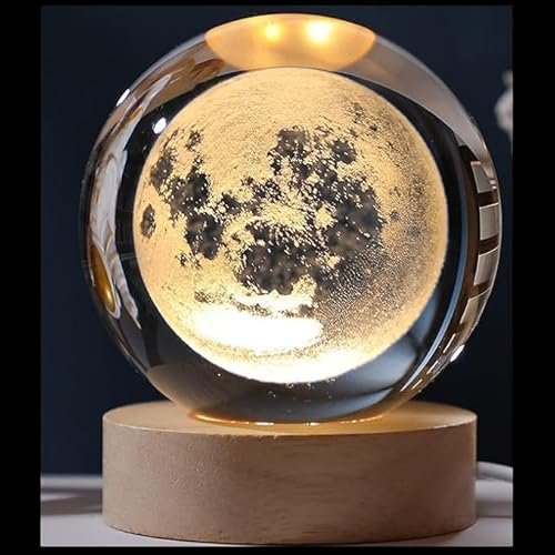 Desidiya 3D New Moon Crystal Night Light Decorative Quartz Glass Ball Bedroom Table Light, Engraved Model Astronomy Décor, Universe Gift for Loved Ones