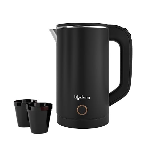 Lifelong Electric Kettle 0.8 Litre with 2 Cups | 600W Stainless Steel Kettle with Double Wall & Cool Touch Body, 360° Swivel Base, Water Level Indicator, Auto Shut-Off & Overheat Protection (Black)
