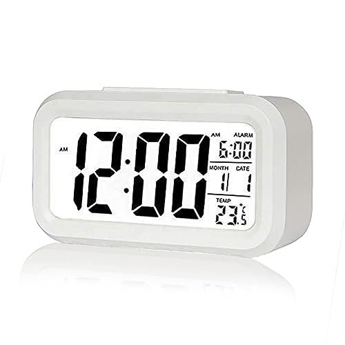 Kadio Digital Alarm Clock,Battery Operated Small Desk Clocks,with Date,Indoor Temperature,Smart Night Light,LCD Electronic Clock for Bedroom Home Office – White (KDwhite)