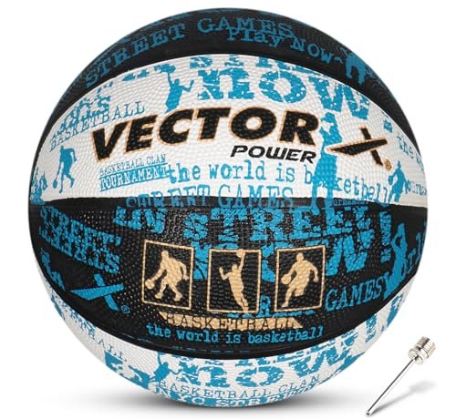 Vector X Power Rubber Moulded Indoor/Outdoor Basketball with Butyl Bladder, Black-White-Blue, Size: 3 (Suitable for Practice/Match/Training) + Free Air Needle
